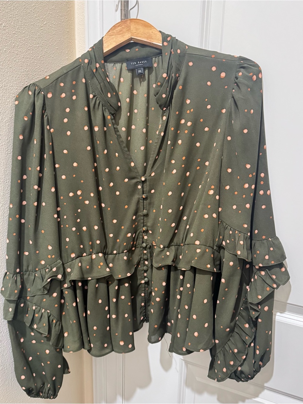 Ted Baker London Blouse Womens XL Olive Green Polka Dot Ruffle Balloon Sleeve